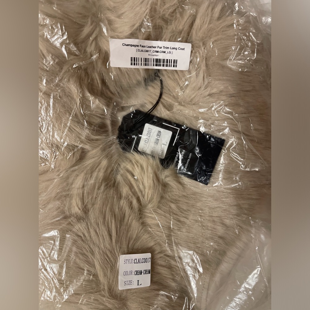 New Size Large Faux Leather Long Coat with Faux Fur Removable Trim, light beige - Picture 5 of 16